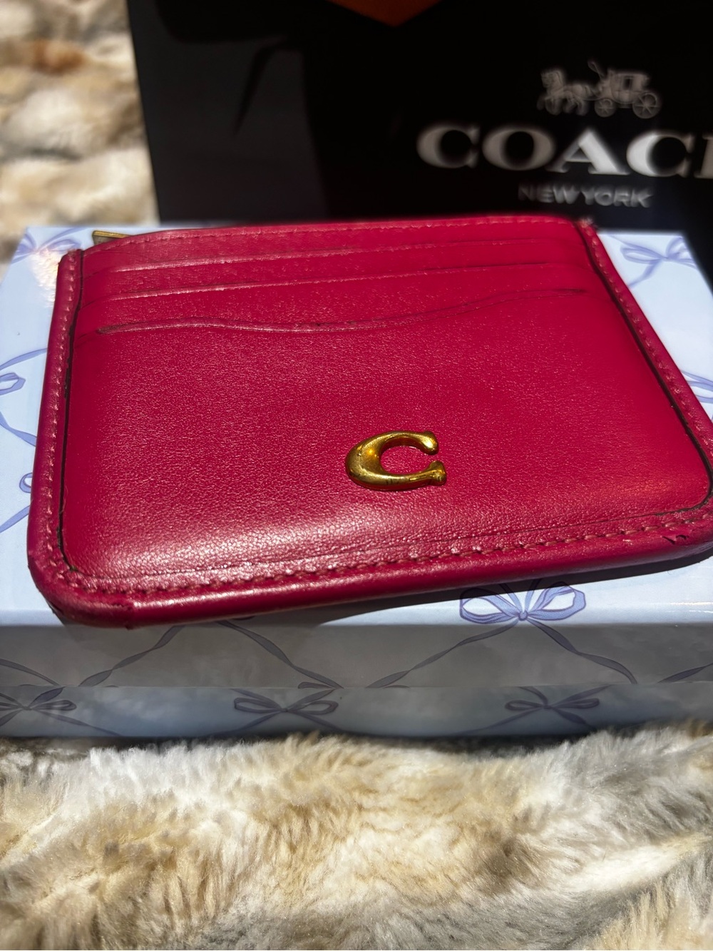Coach Deep Raspberry Essential Leather Card Case with Gold C Hardware